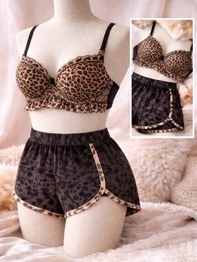 PINK Victoria's Secret Leopard Print Bra & Black Velvet Shorts Sleep Set